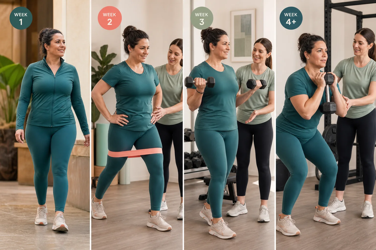 A woman progressing from walking to resistance and strength exercise during mommy makeover recovery