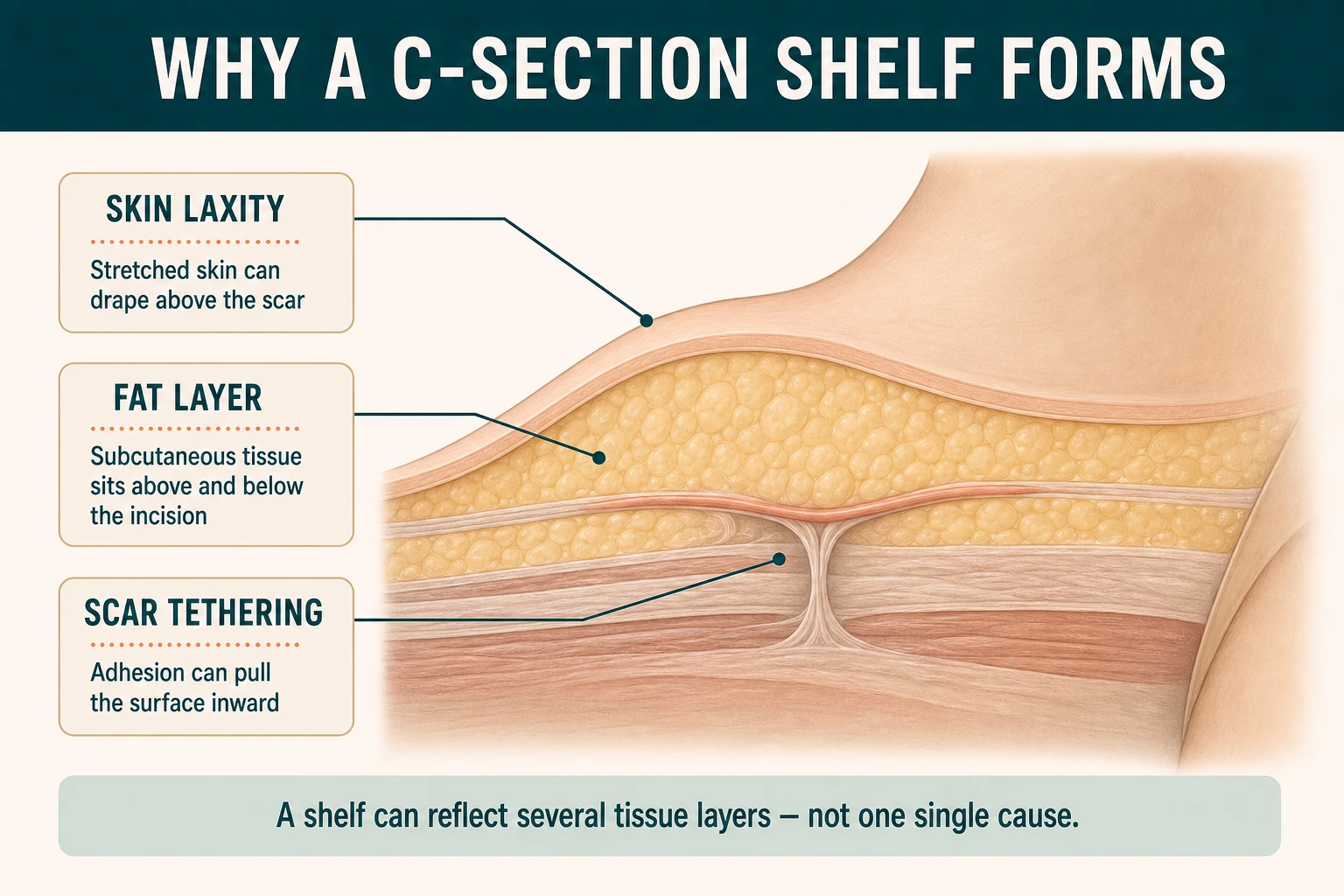 Cross-sectional diagram showing how skin laxity, subcutaneous fat, and scar tethering can contribute to a C-section shelf
