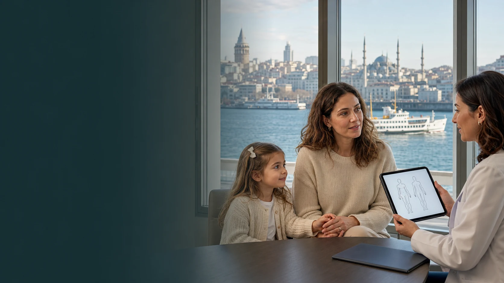 A mother and her daughter discussing mommy makeover options with a doctor overlooking the Bosphorus in Istanbul